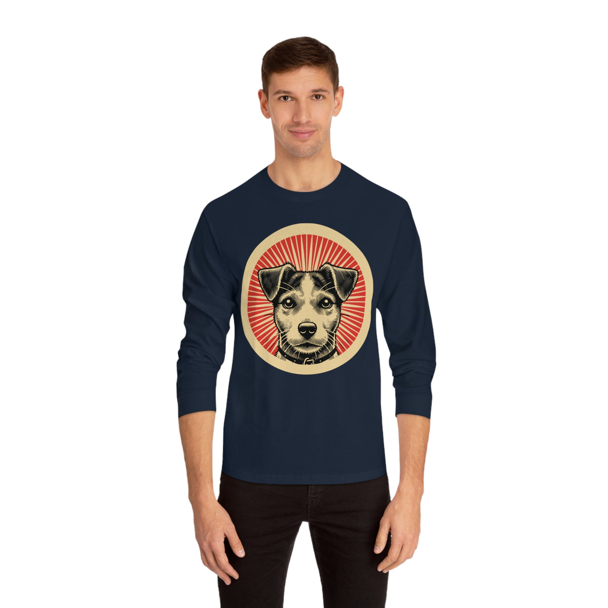 Jack Russell Terrier badge art in a ring of red rays on a long-sleeve tee