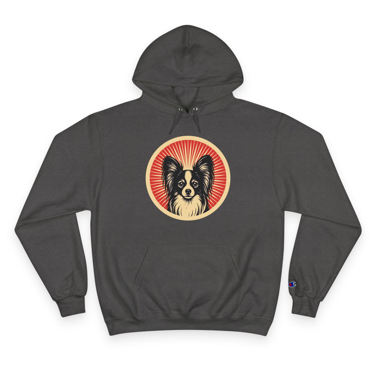 Papillon badge art in a ring of red rays on a champion hoodie
