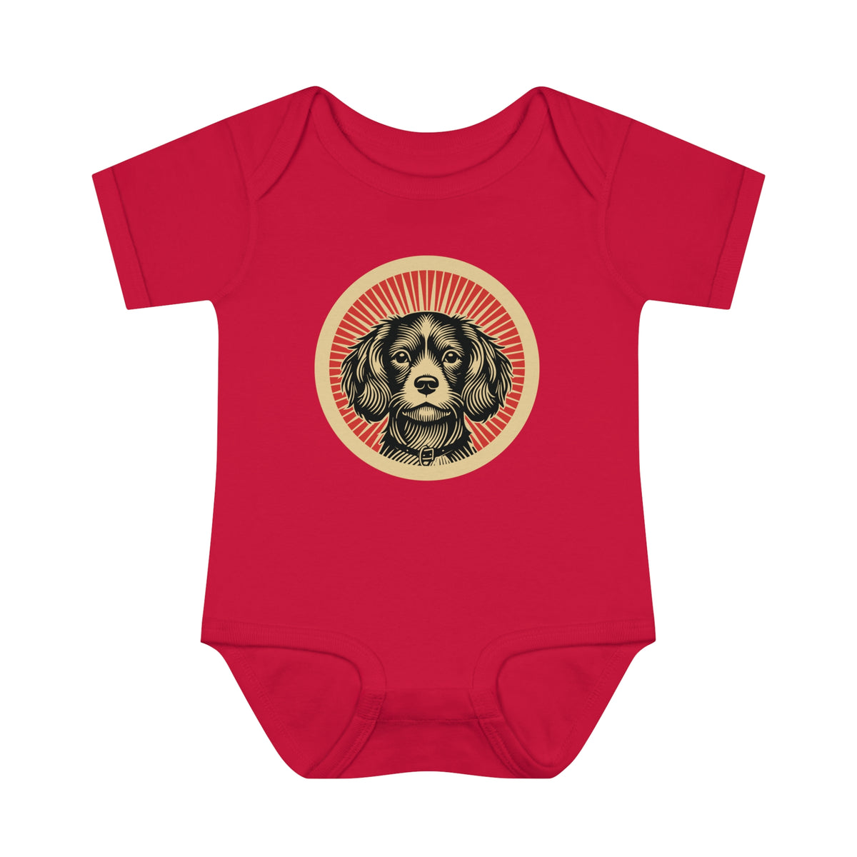 Cavachon badge art in a ring of red rays on a baby bodysuit