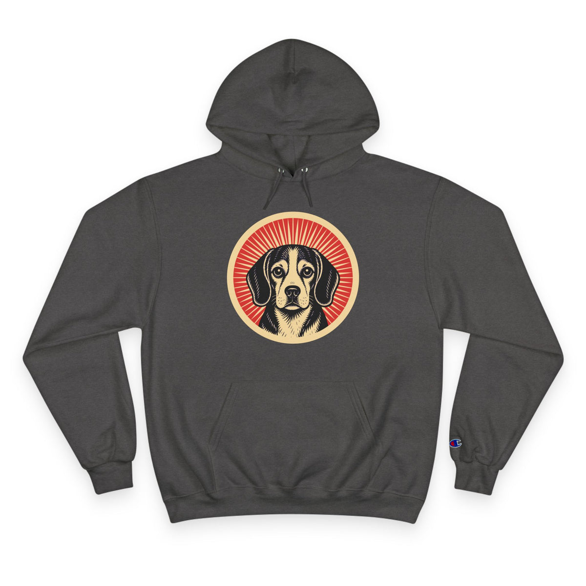 Beaglier badge art in a ring of red rays on a champion hoodie
