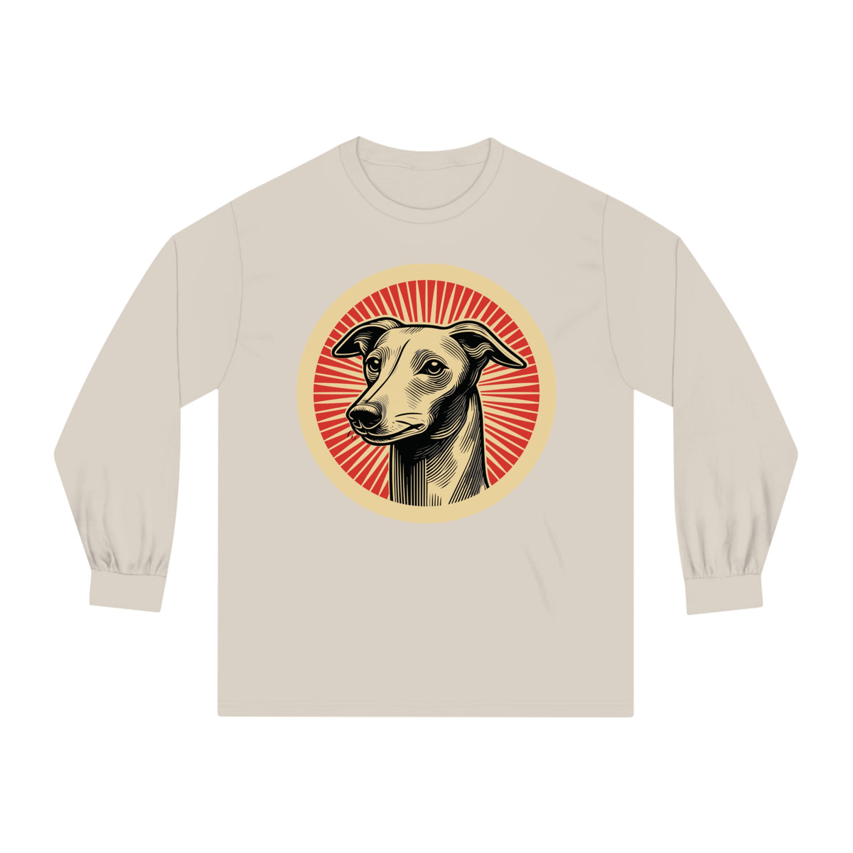Italian Greyhound badge art in a ring of red rays on a long-sleeve tee
