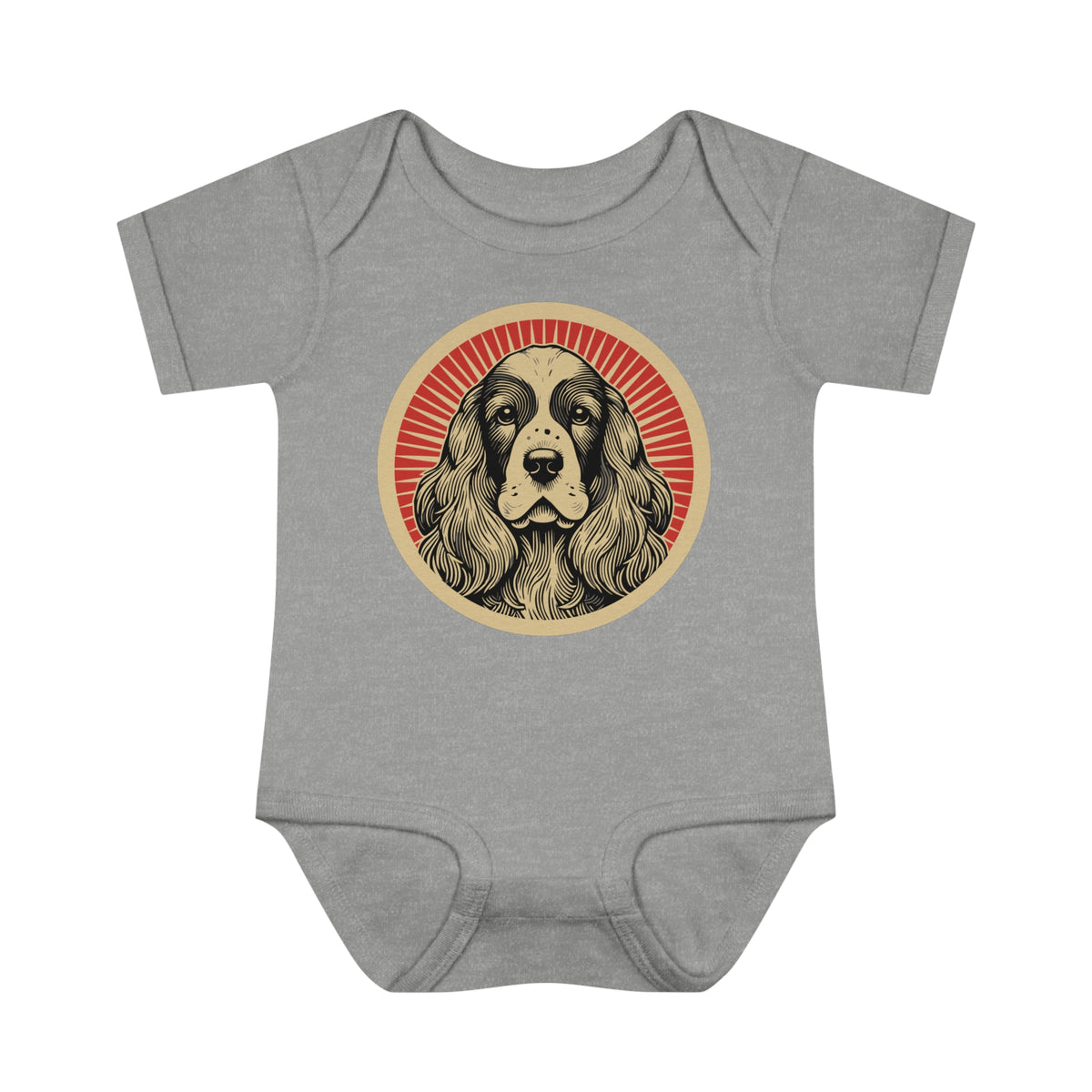 English Cocker Spaniel badge art in a ring of red rays on a baby bodysuit