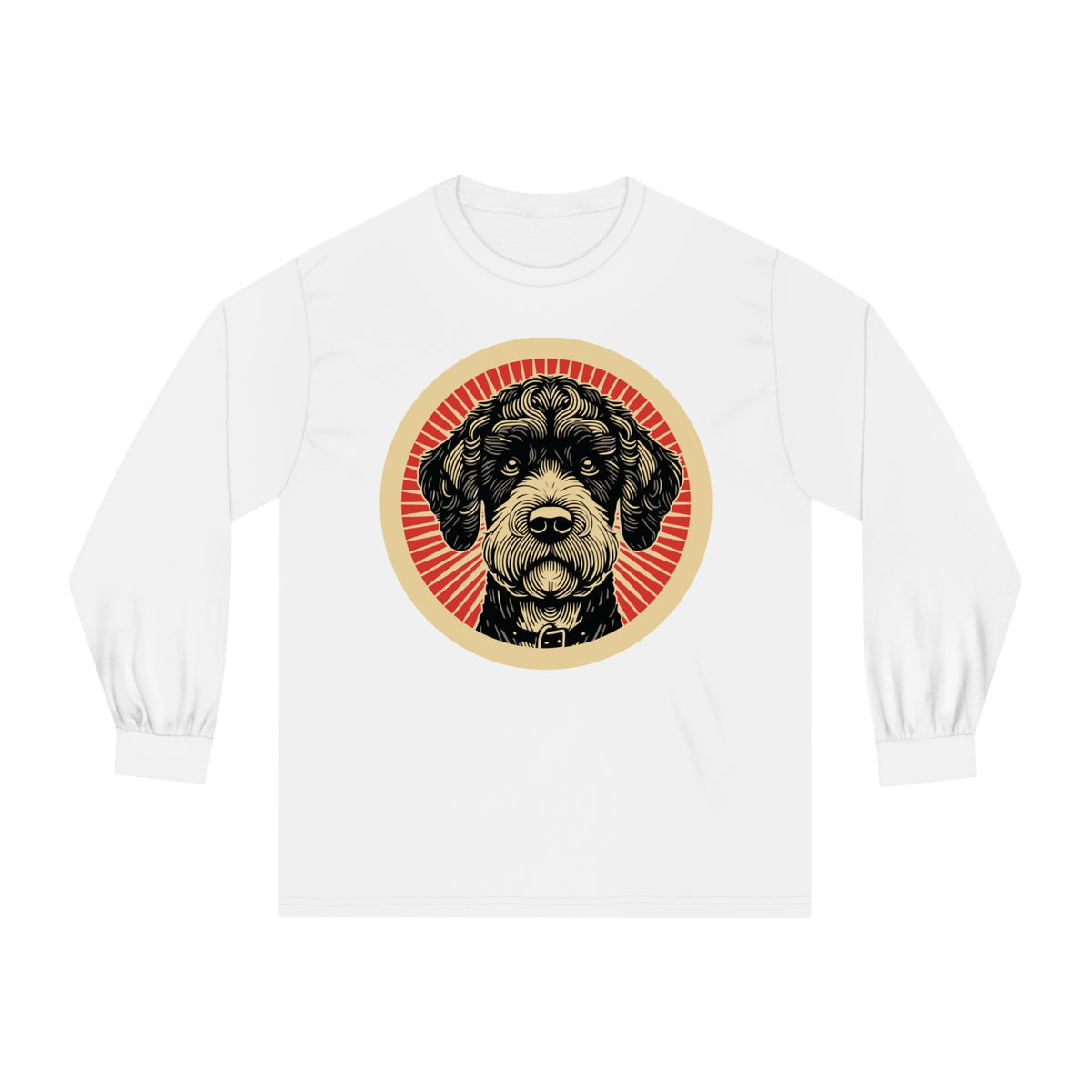 Boxerdoodle badge art in a ring of red rays on a long-sleeve tee