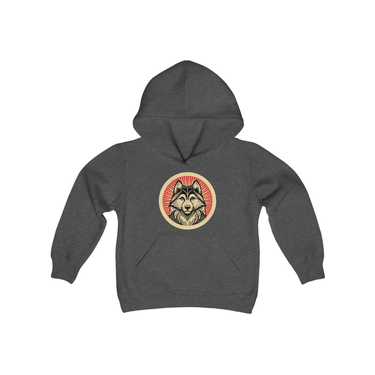 Alaskan Klee Kai badge art in a ring of red rays on a kids' hoodie