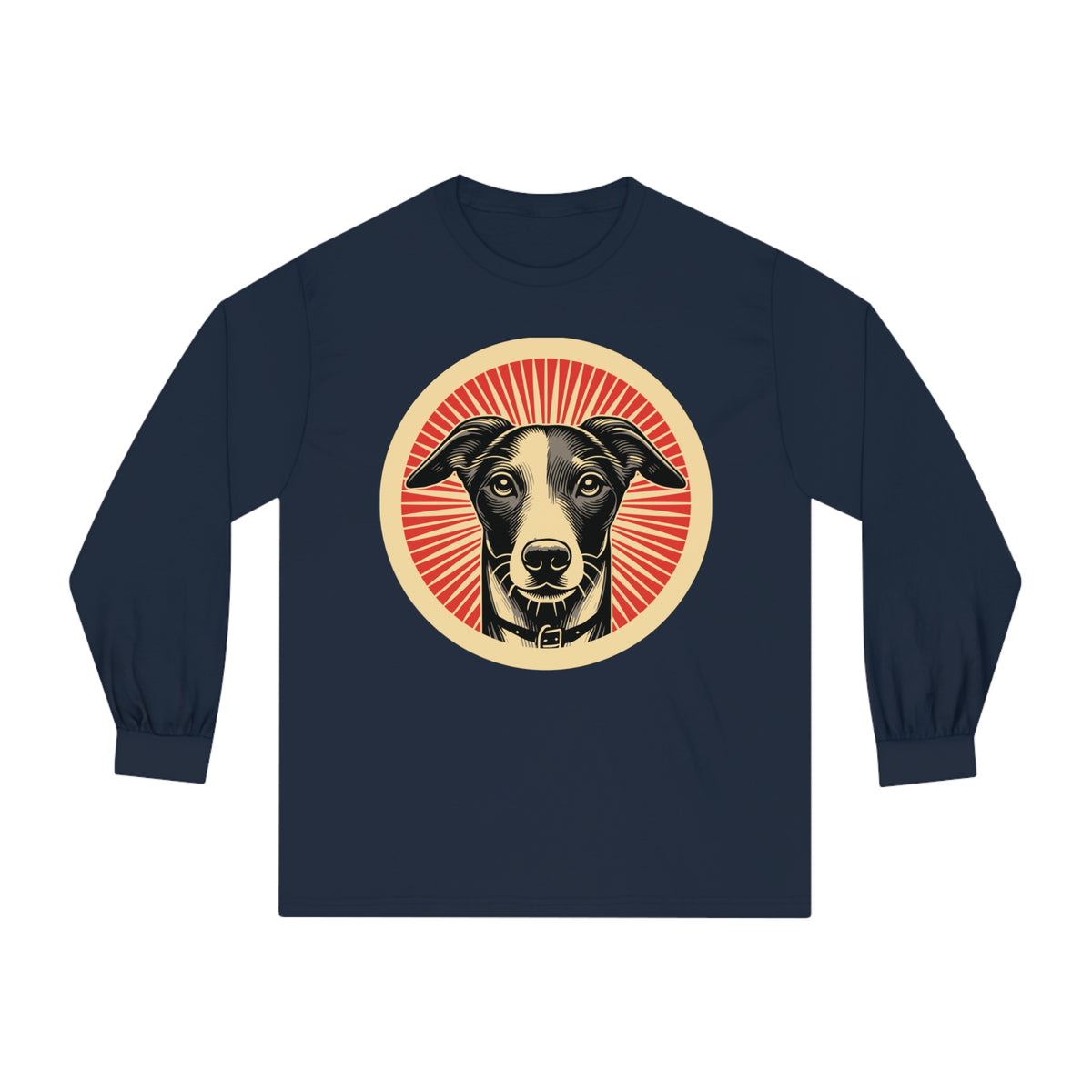 Whippet badge art in a ring of red rays on a long-sleeve tee