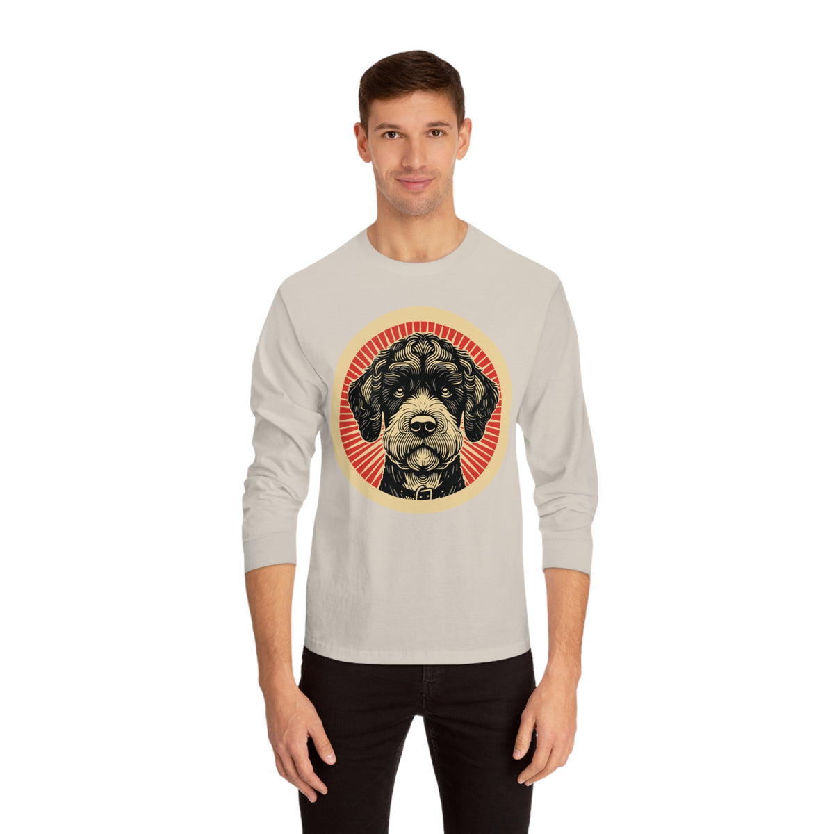 Boxerdoodle badge art in a ring of red rays on a long-sleeve tee