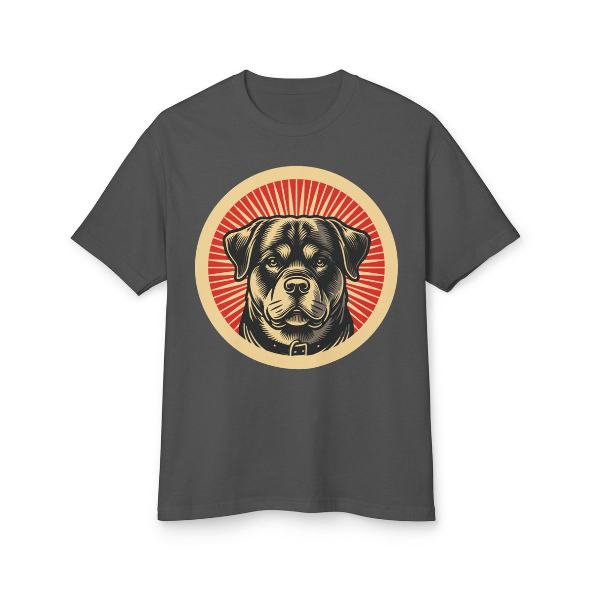 Rottweiler badge art in a ring of red rays on a heavyweight tee