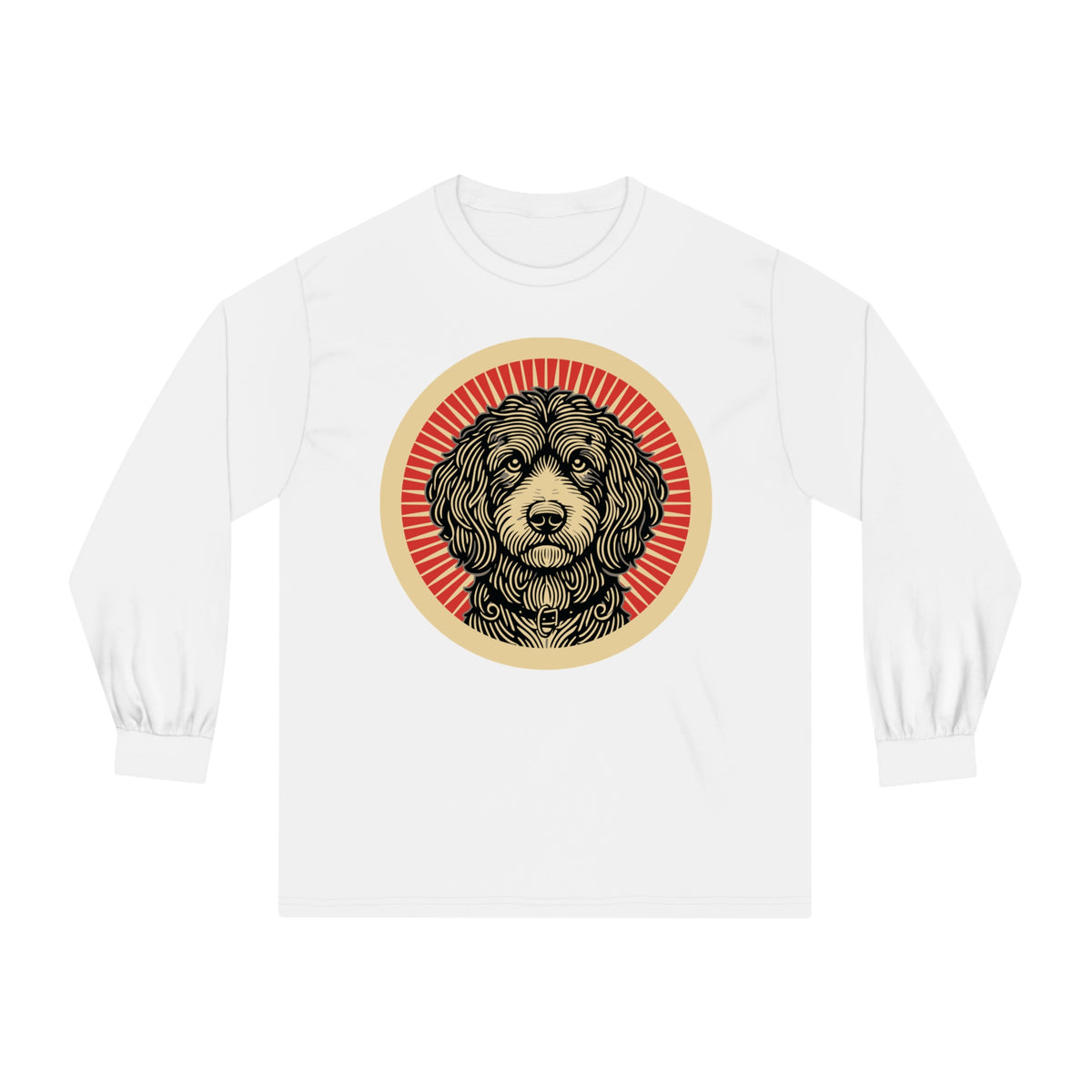 Aussiedoodle badge art in a ring of red rays on a long-sleeve tee