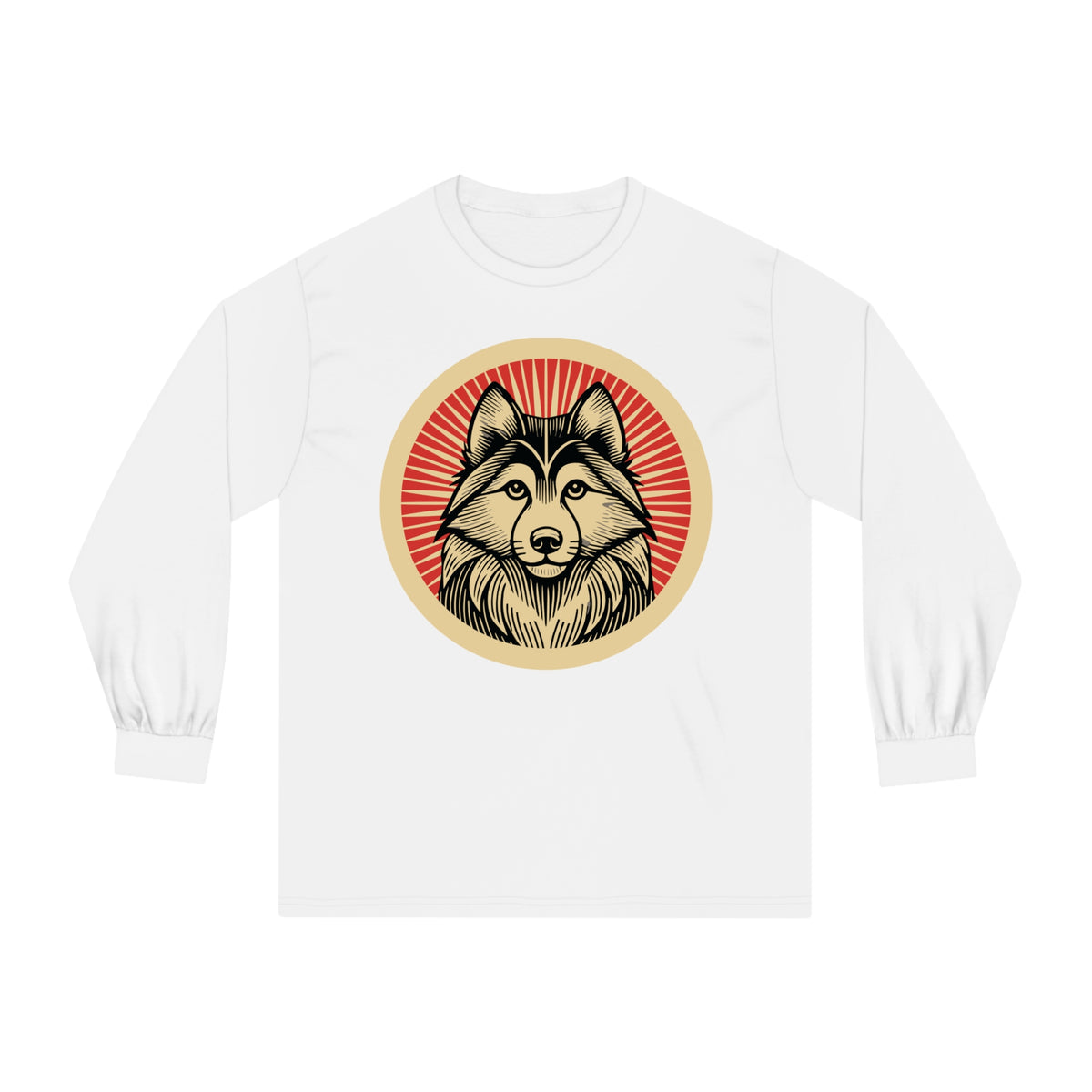 Alaskan Klee Kai badge art in a ring of red rays on a long-sleeve tee