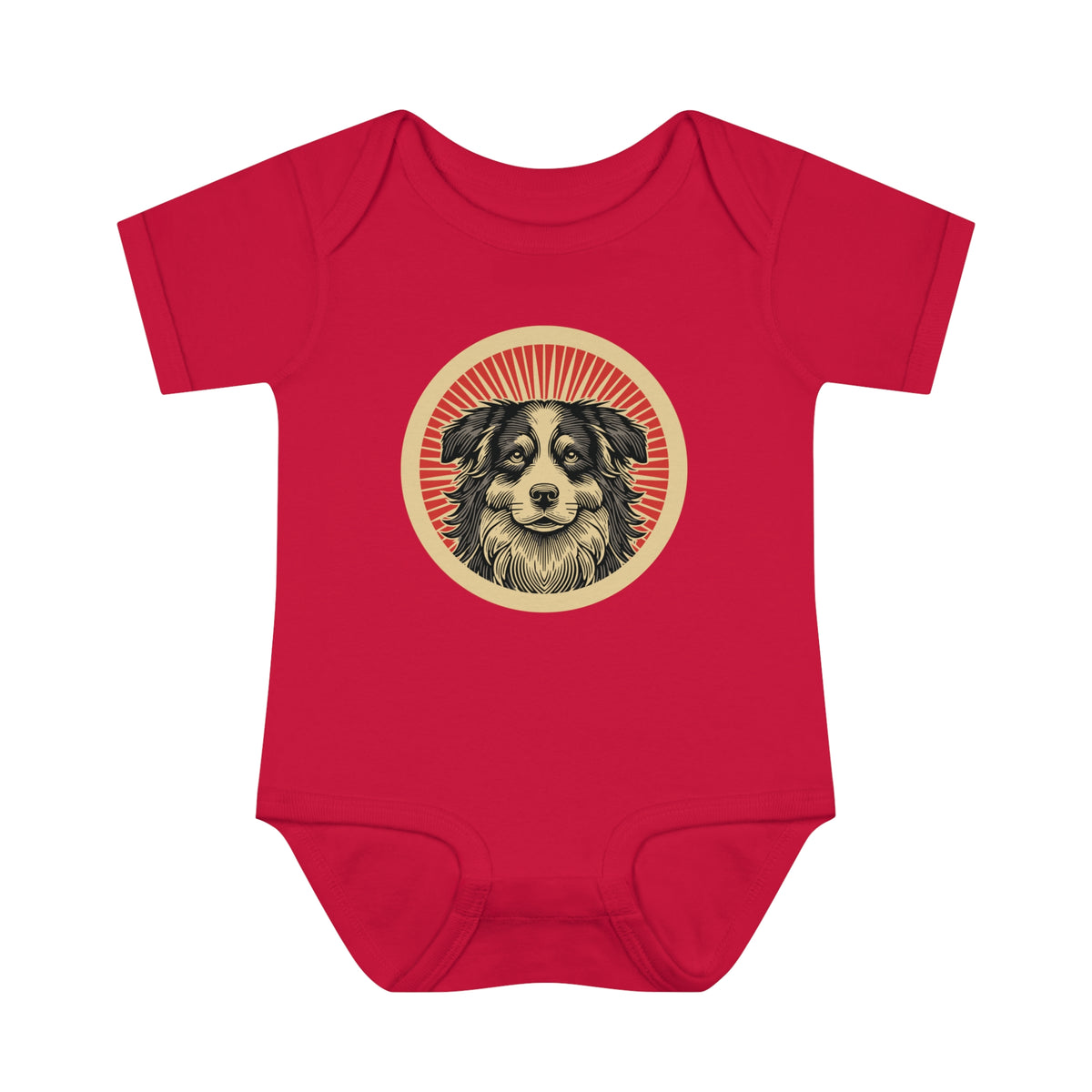 Border Collie badge art in a ring of red rays on a baby bodysuit
