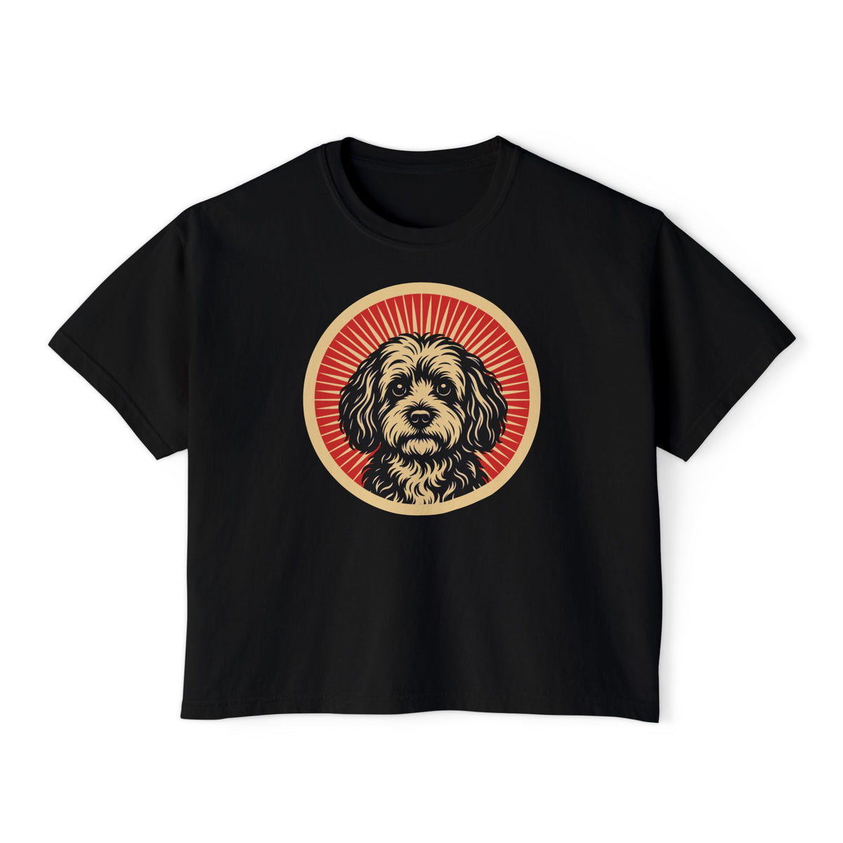 Havapoo badge art in a ring of red rays on a boxy tee