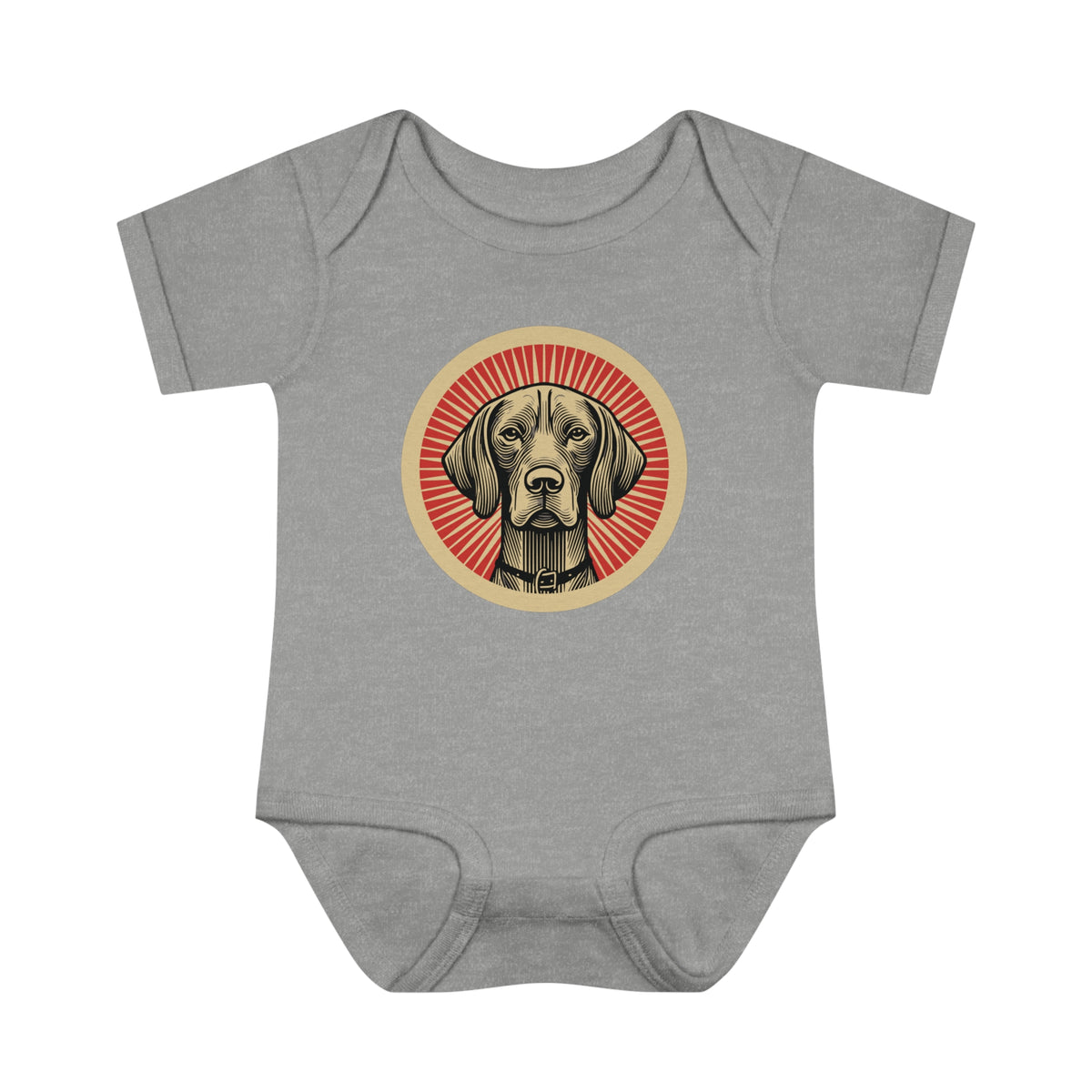 Vizsla badge art in a ring of red rays on a baby bodysuit