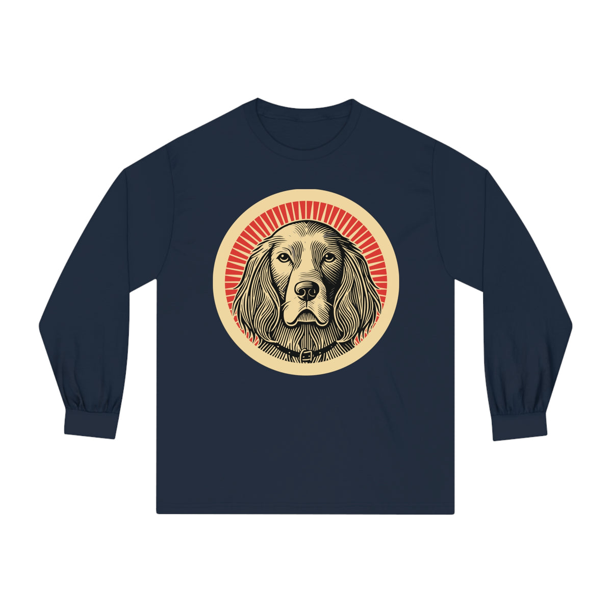 English Setter badge art in a ring of red rays on a long-sleeve tee