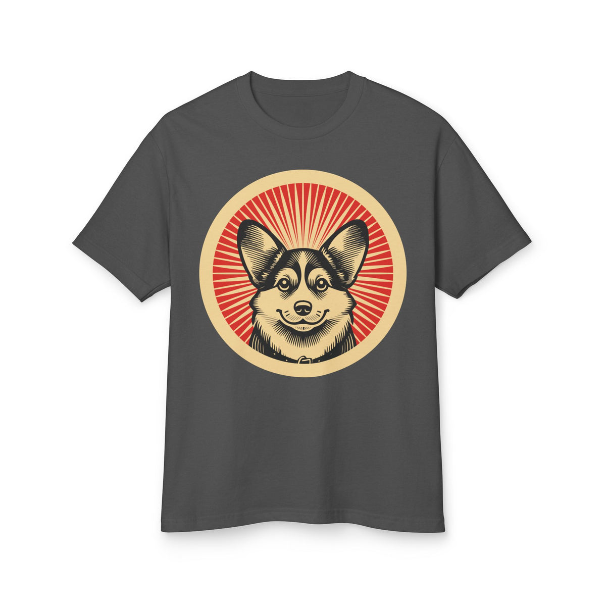Pembroke Welsh Corgi badge art in a ring of red rays on a heavyweight tee
