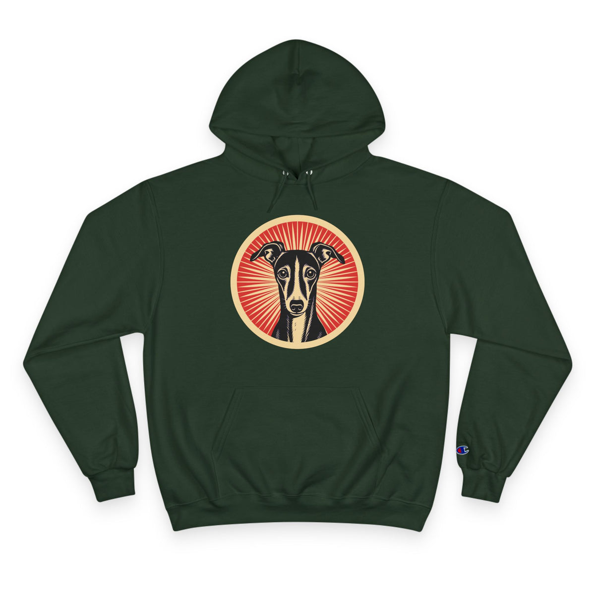 Italian Greyhound badge art in a ring of red rays on a champion hoodie