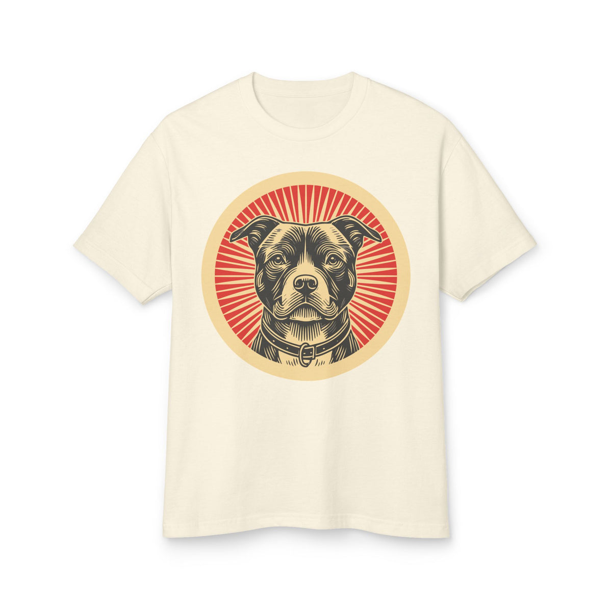 American Staffordshire Terrier badge art in a ring of red rays on a heavyweight tee