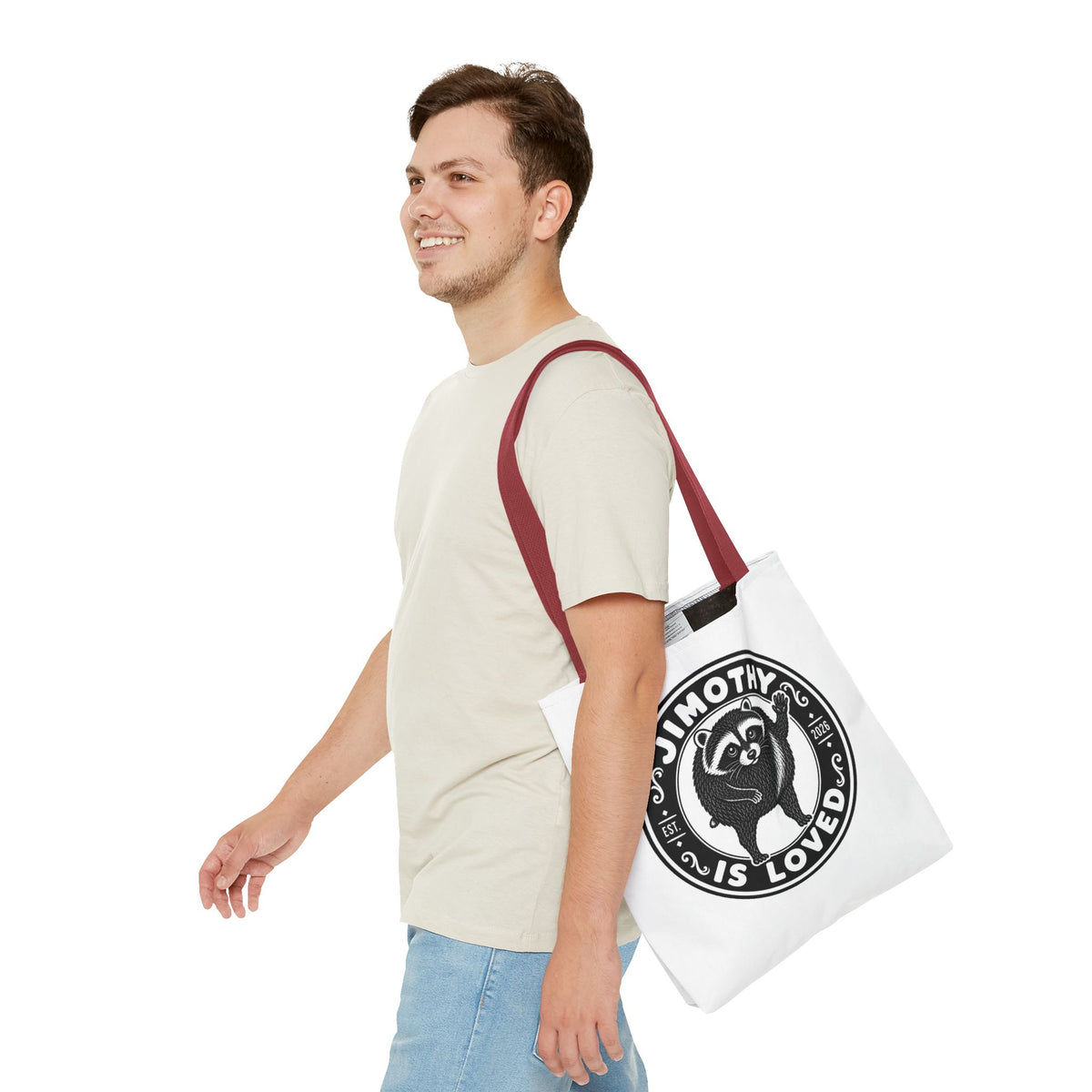 Personalized Raccoon Tote — "Jimothy Is Loved" Graphic Tote Bag