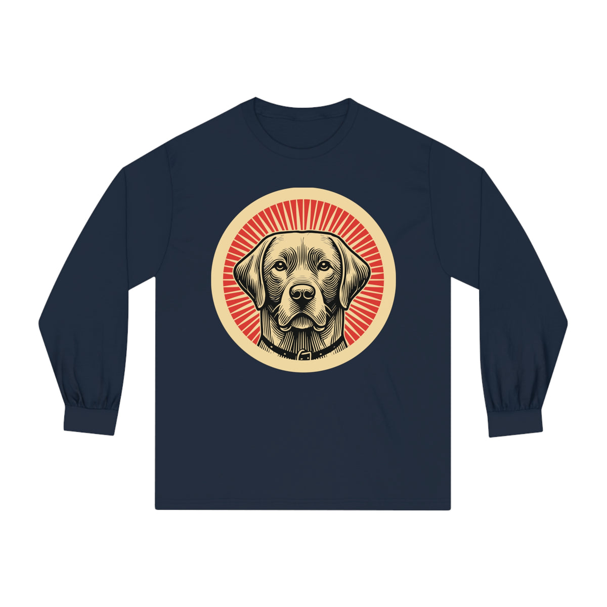 Labrador Retriever badge art in a ring of red rays on a long-sleeve tee