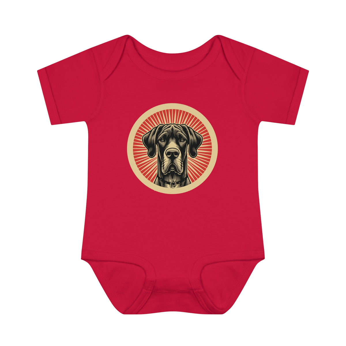 Great Dane badge art in a ring of red rays on a baby bodysuit