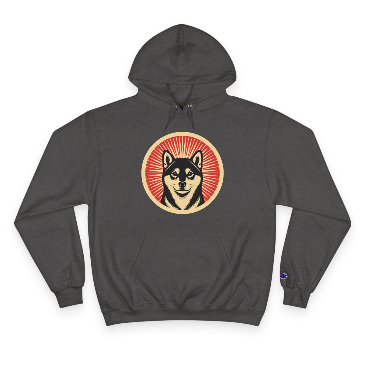 Shiba Inu badge art in a ring of red rays on a champion hoodie
