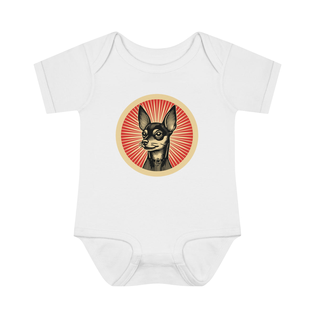Miniature Pinscher badge art in a ring of red rays on a baby bodysuit