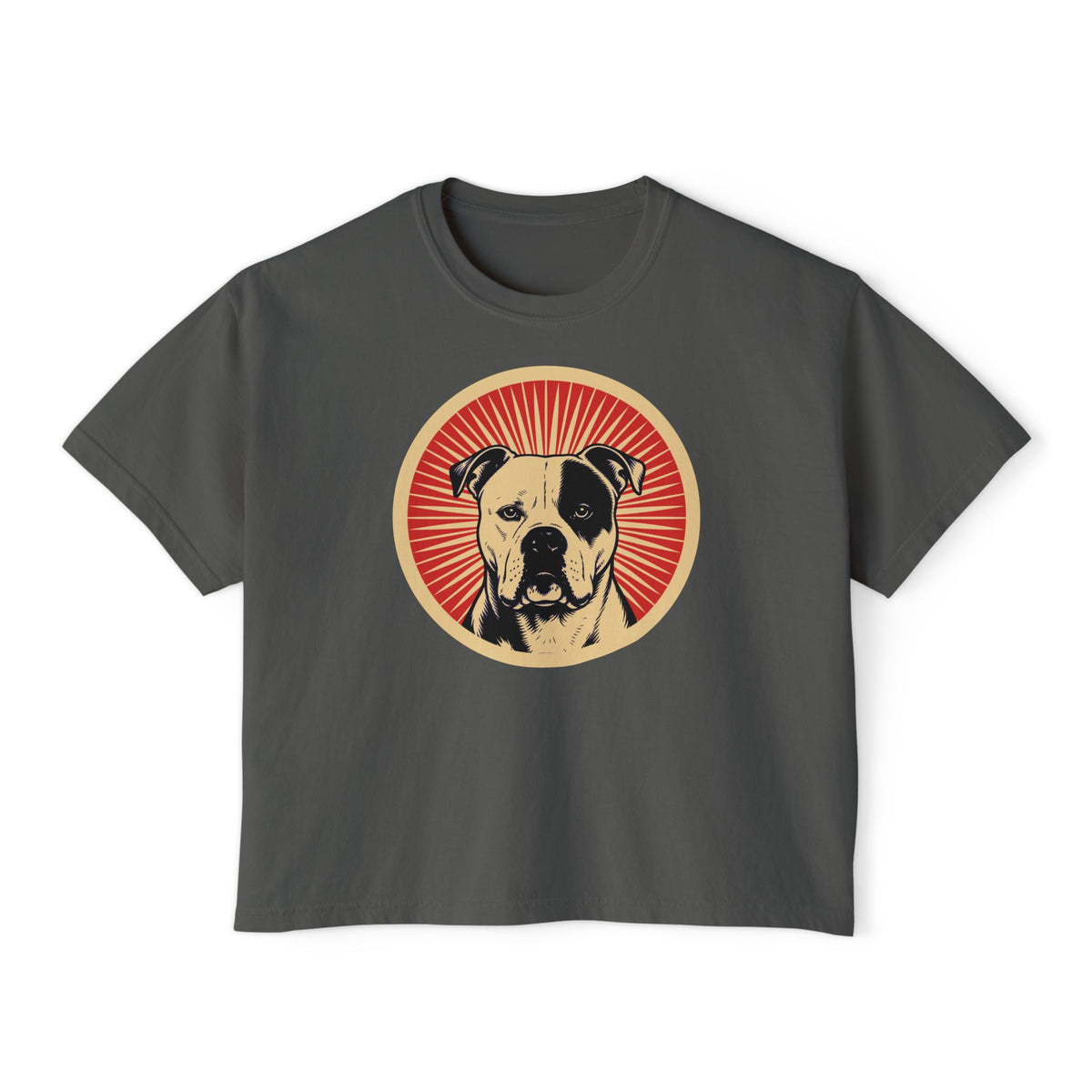 American Bulldog badge art in a ring of red rays on a boxy tee