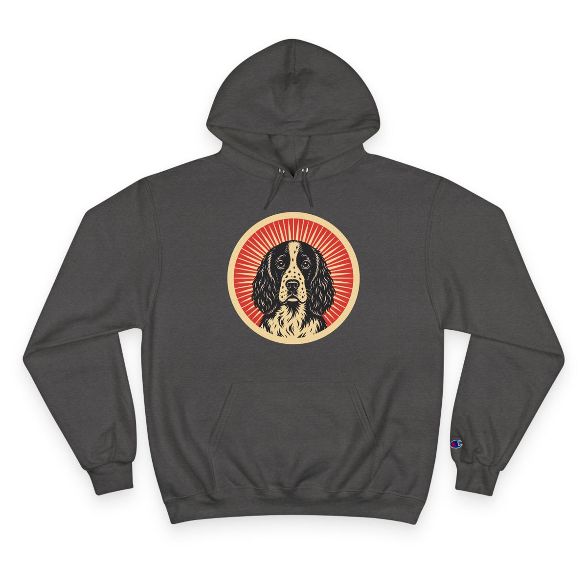 English Springer Spaniel badge art in a ring of red rays on a champion hoodie