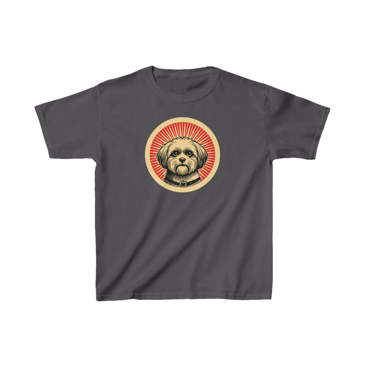 Shihpoo badge art in a ring of red rays on a kids' tee