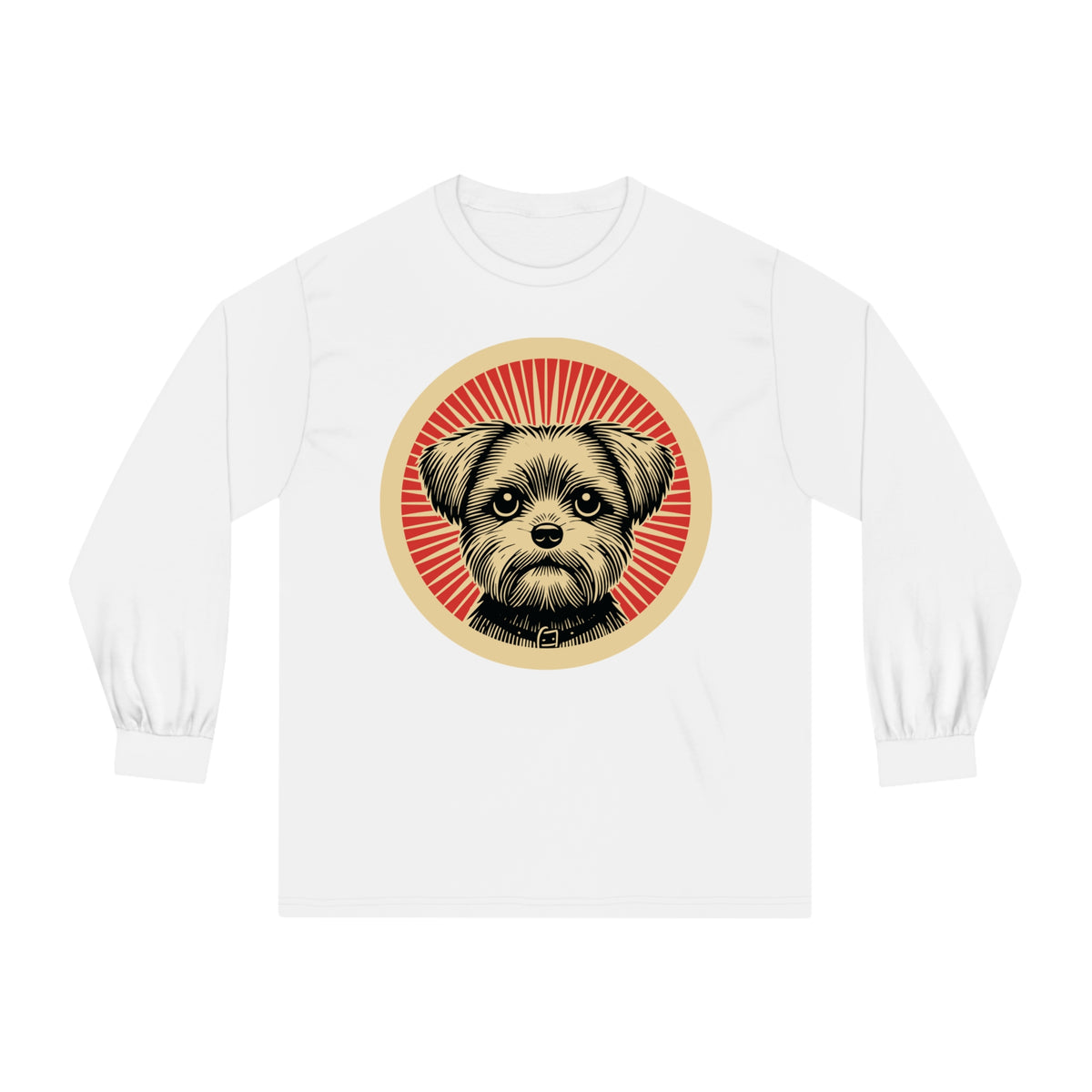 Shorkie badge art in a ring of red rays on a long-sleeve tee