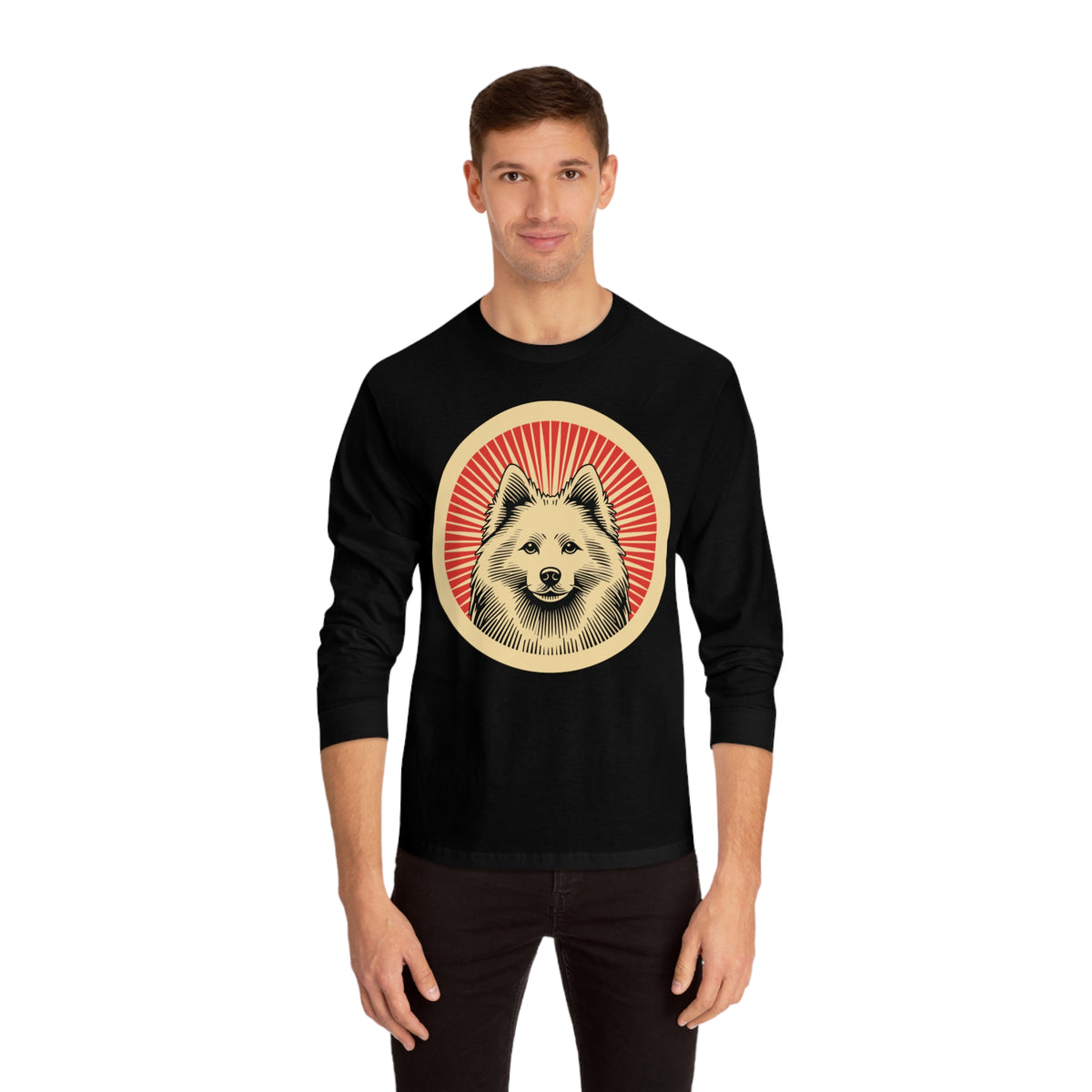 American Eskimo Dog badge art in a ring of red rays on a long-sleeve tee