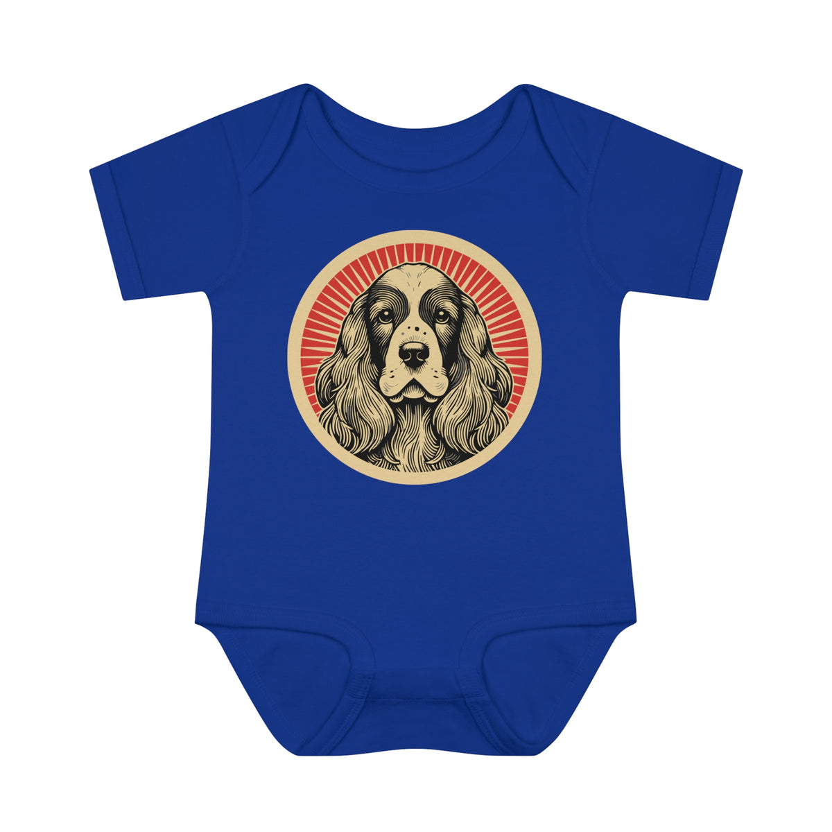 English Cocker Spaniel badge art in a ring of red rays on a baby bodysuit