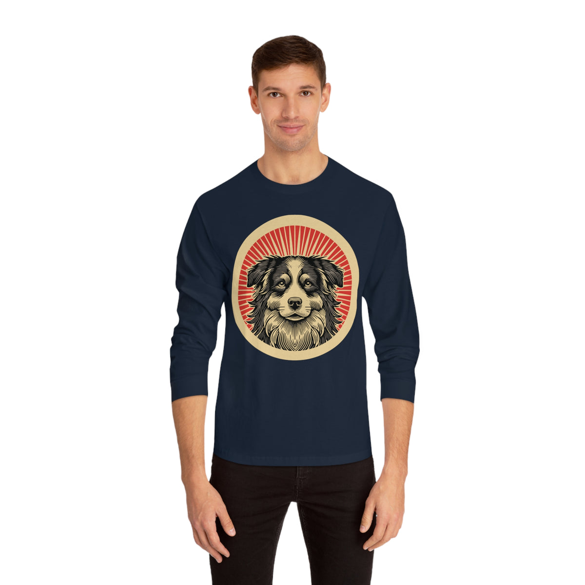 Border Collie badge art in a ring of red rays on a long-sleeve tee