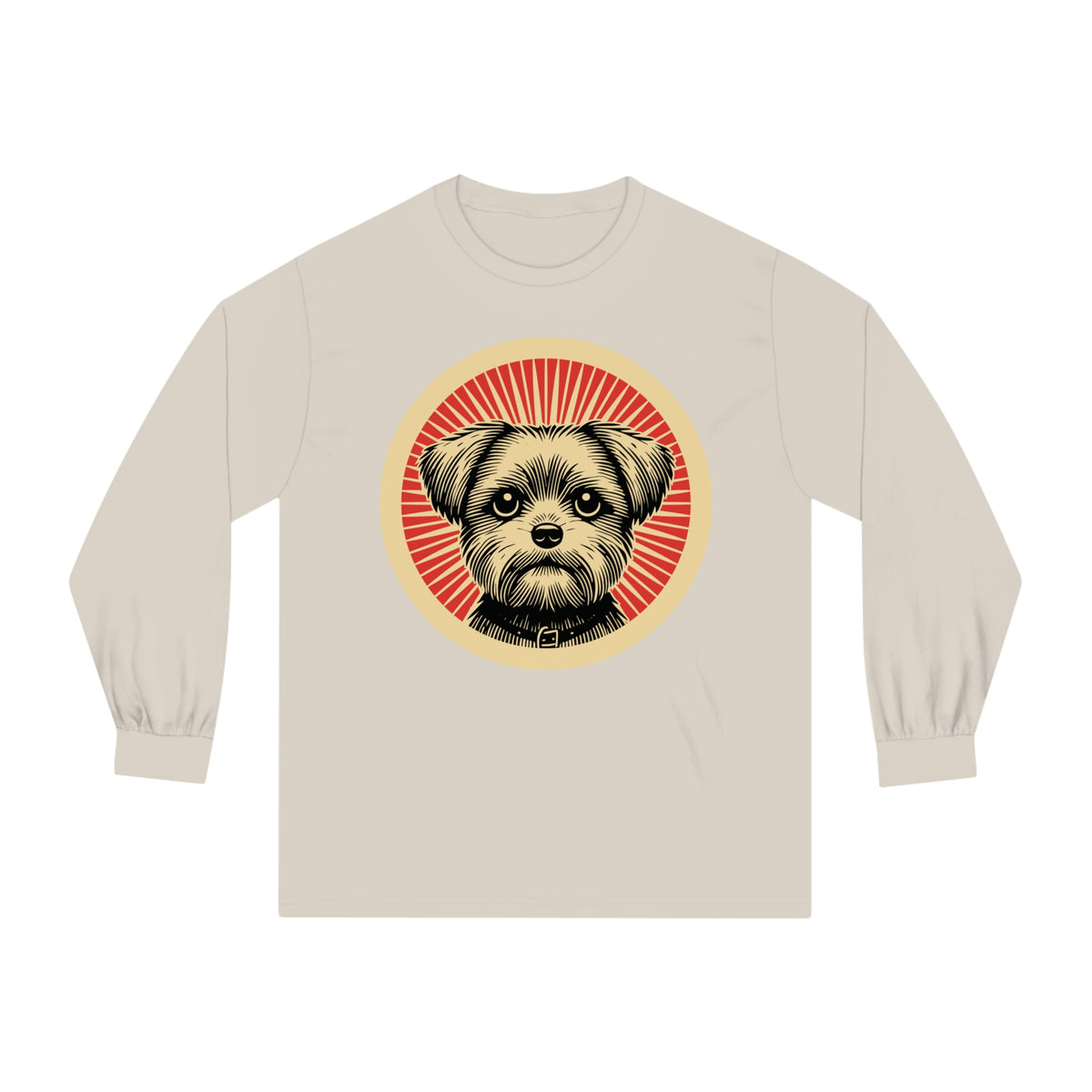 Shorkie badge art in a ring of red rays on a long-sleeve tee