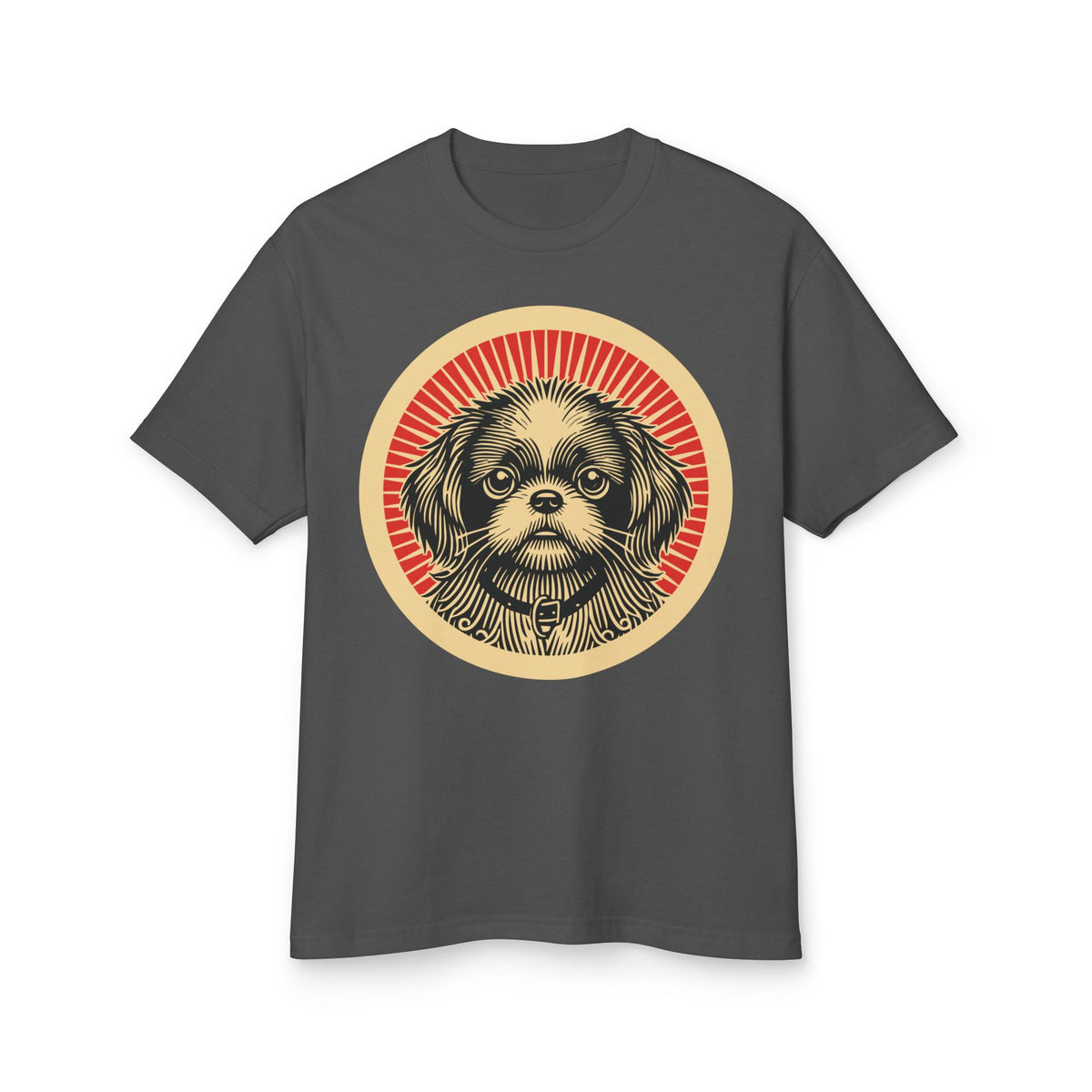 Pekepoo badge art in a ring of red rays on a heavyweight tee