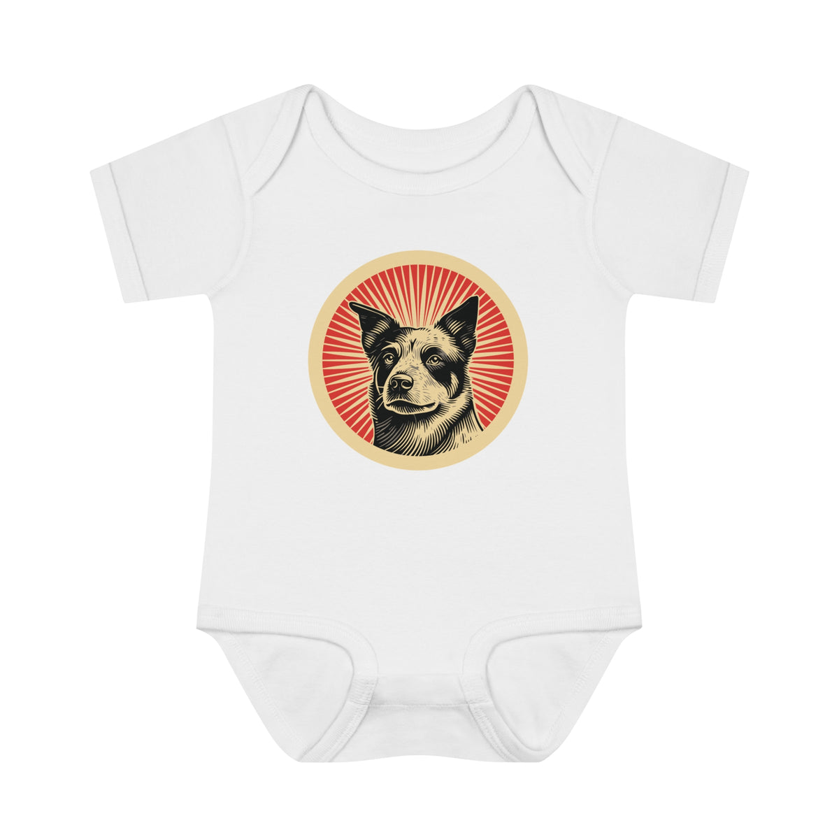Australian Cattle Dog badge art in a ring of red rays on a baby bodysuit