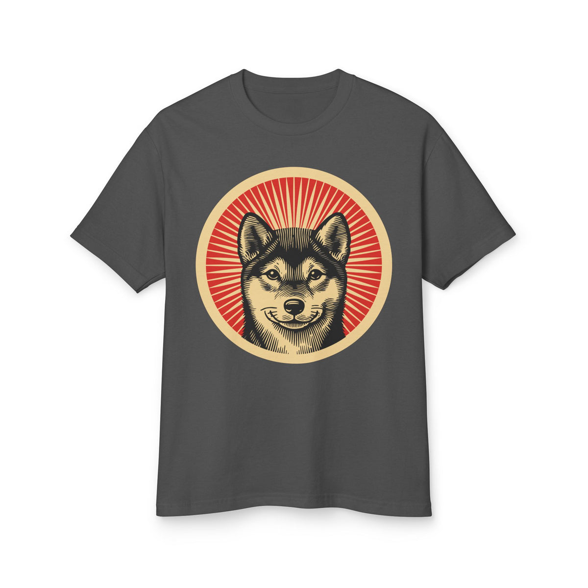 Shiba Inu badge art in a ring of red rays on a heavyweight tee
