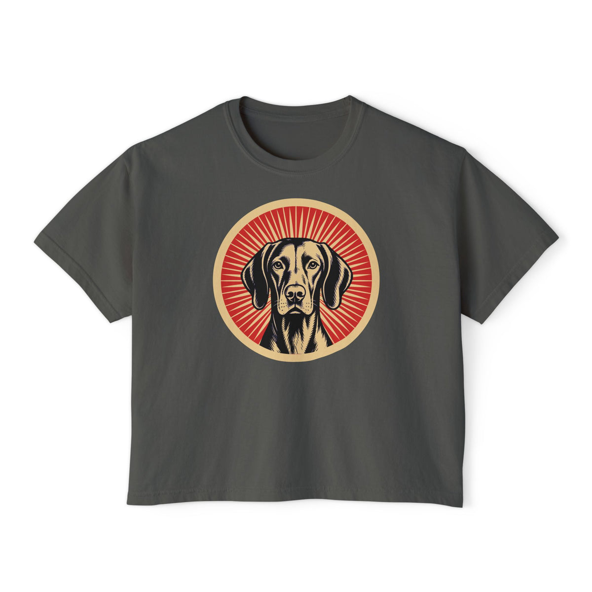 Vizsla badge art in a ring of red rays on a boxy tee