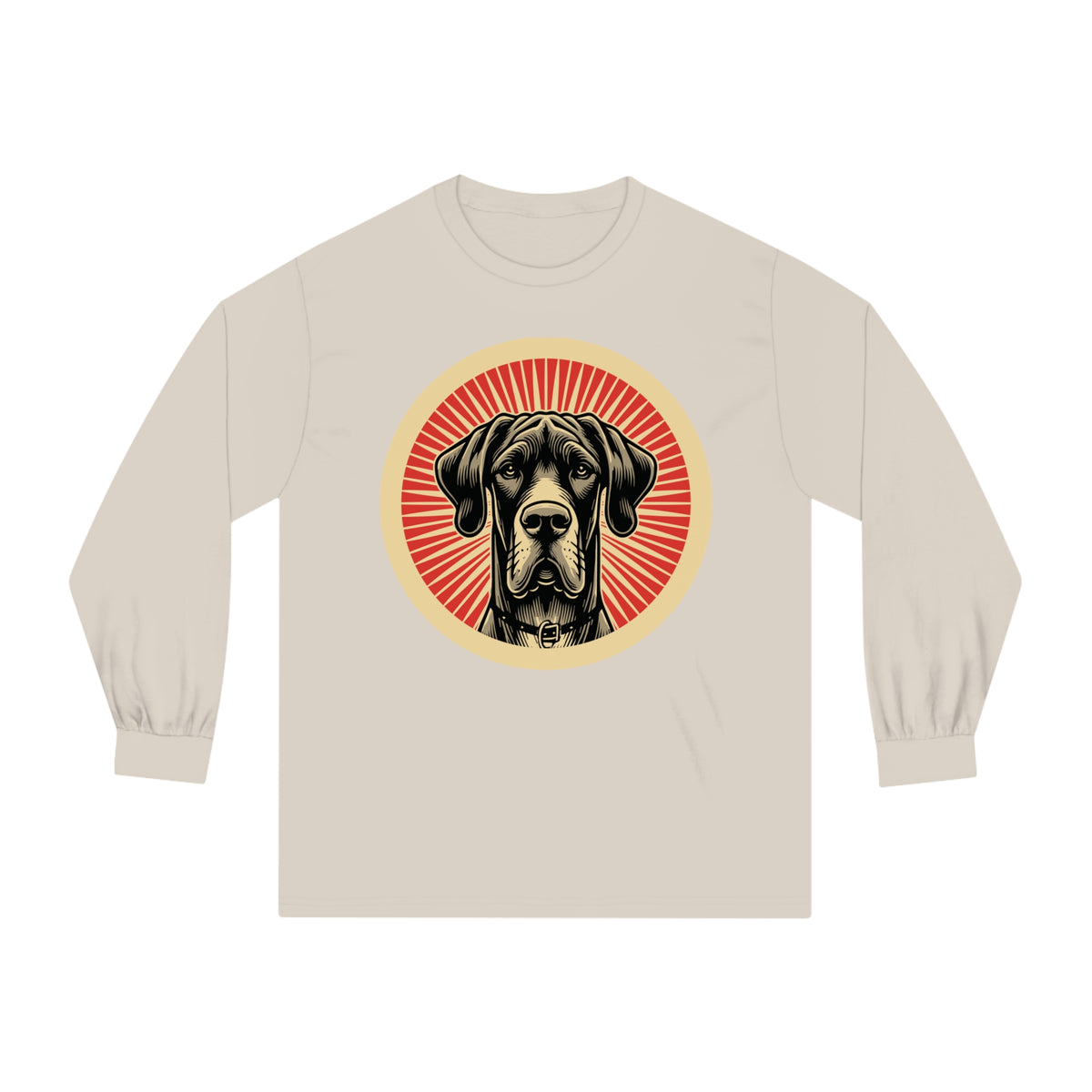 Great Dane badge art in a ring of red rays on a long-sleeve tee
