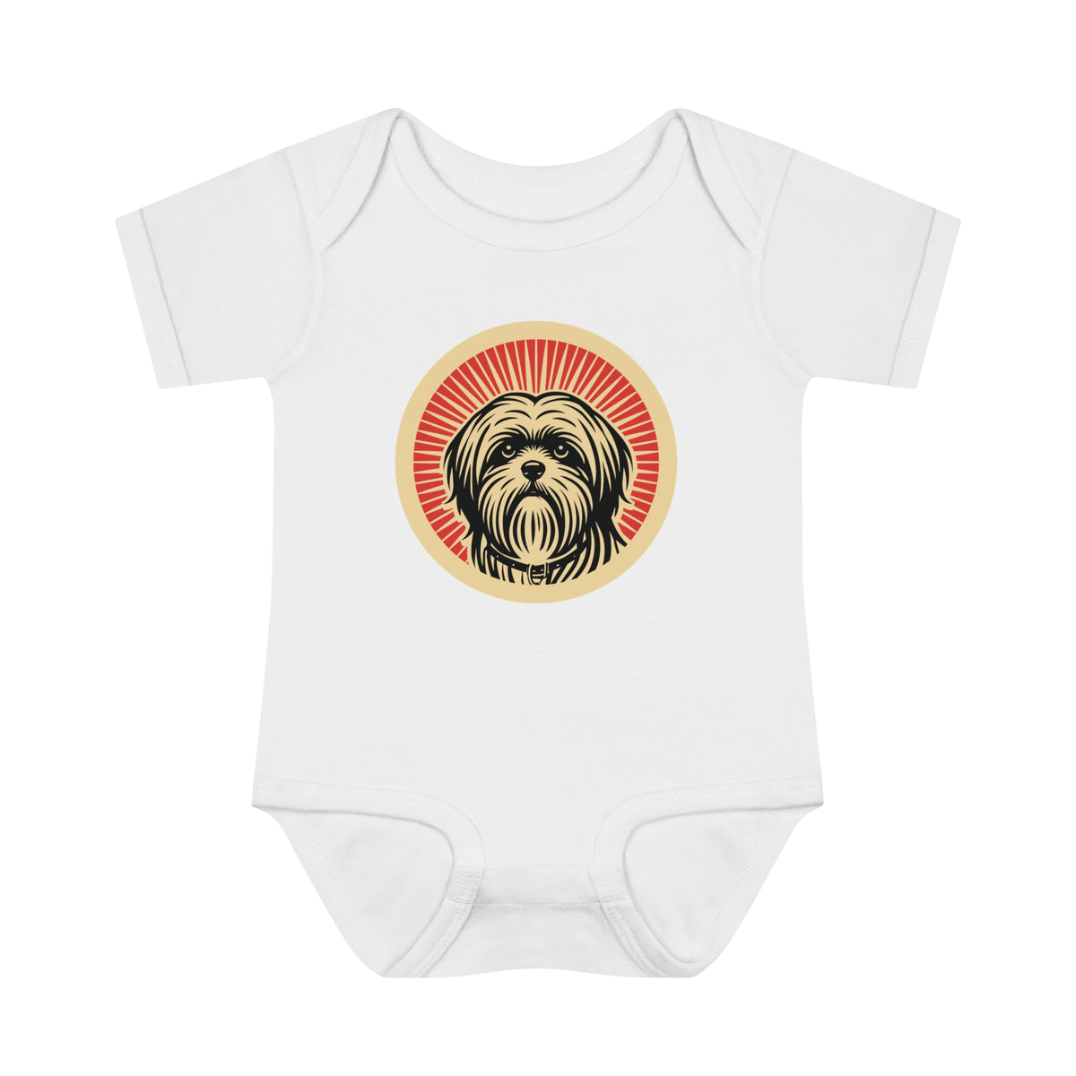 Lhasa Apso badge art in a ring of red rays on a baby bodysuit