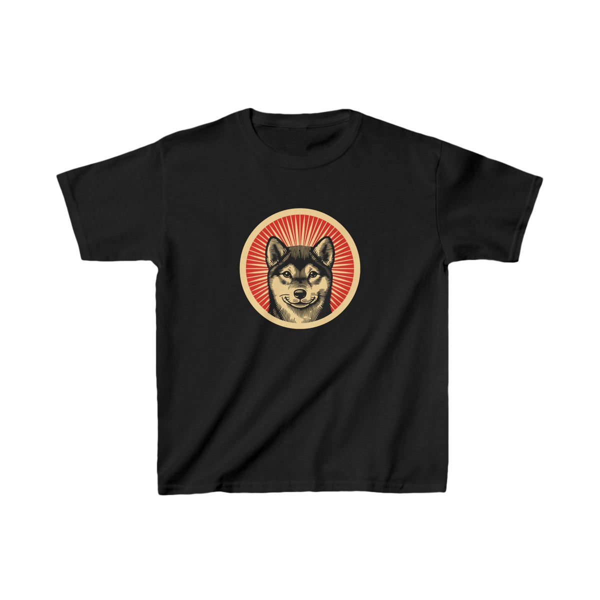 Shiba Inu badge art in a ring of red rays on a kids' tee