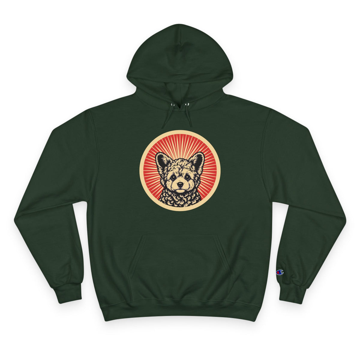 Corgipoo badge art in a ring of red rays on a champion hoodie