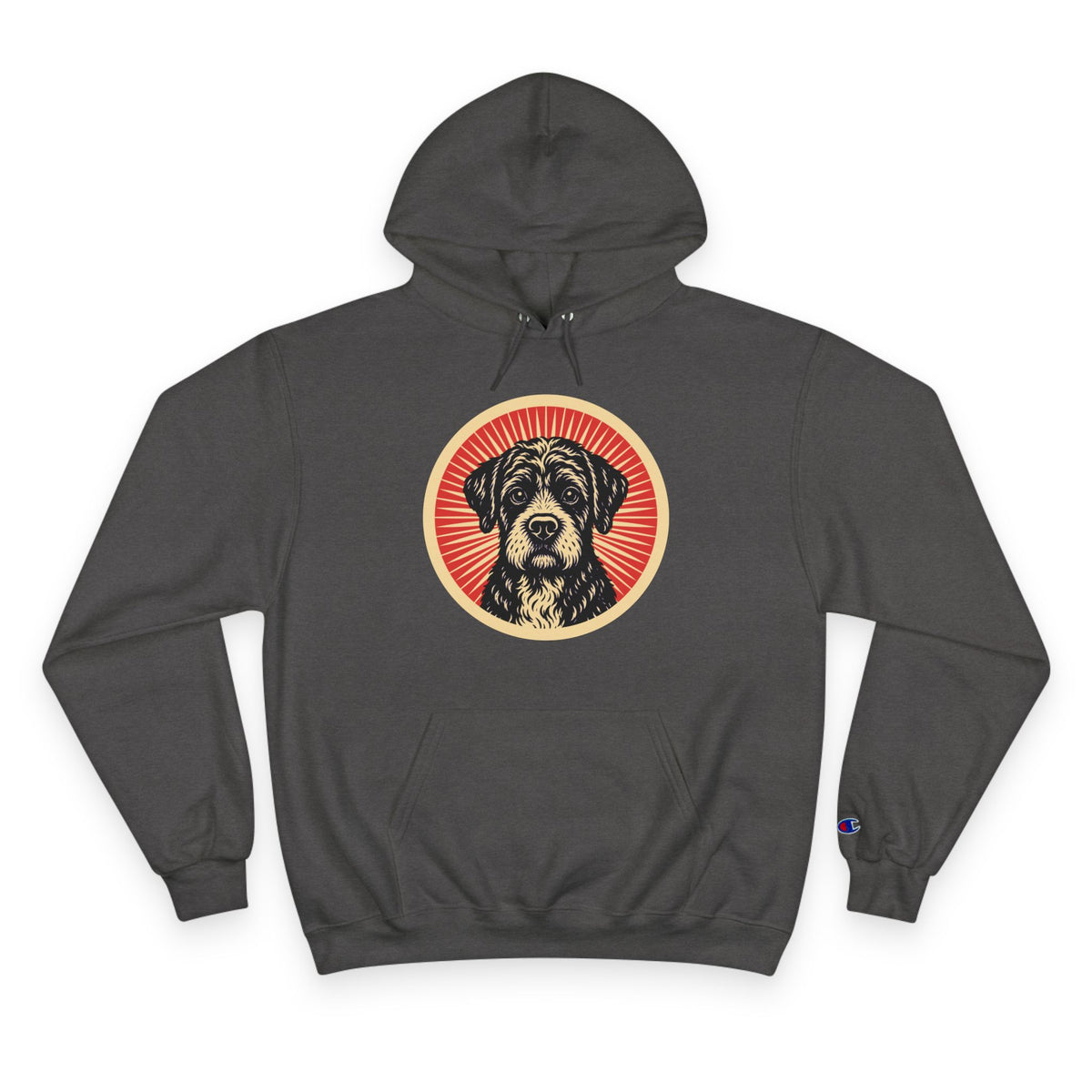Boxerdoodle badge art in a ring of red rays on a champion hoodie