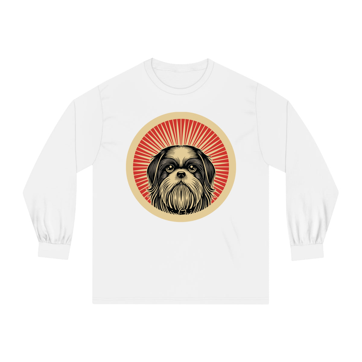 Shih Tzu badge art in a ring of red rays on a long-sleeve tee