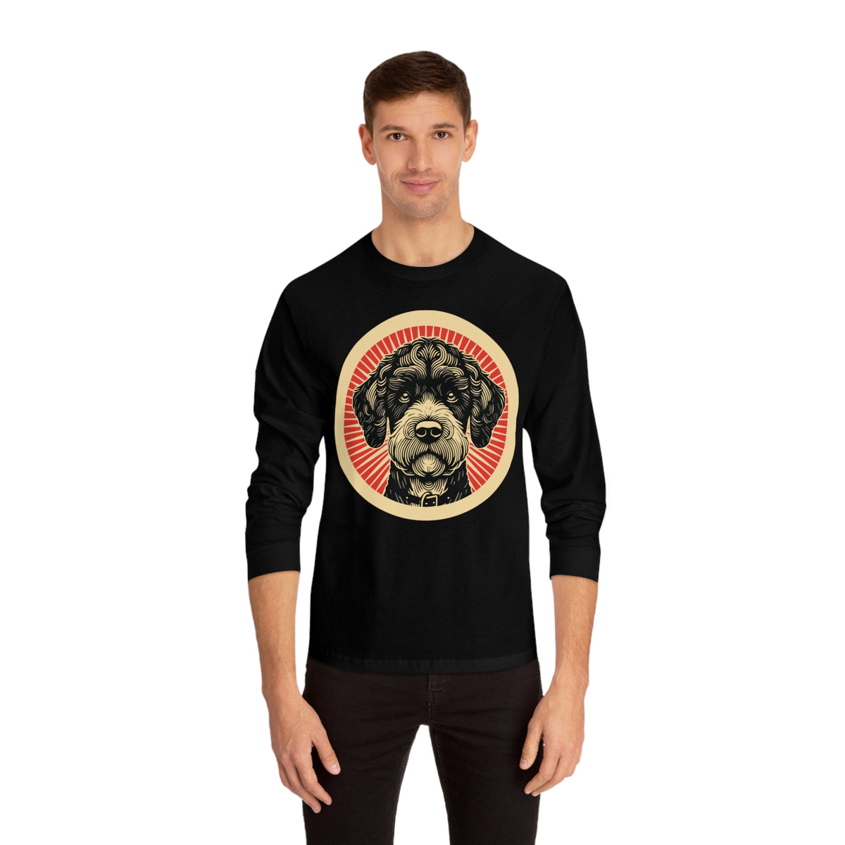 Boxerdoodle badge art in a ring of red rays on a long-sleeve tee