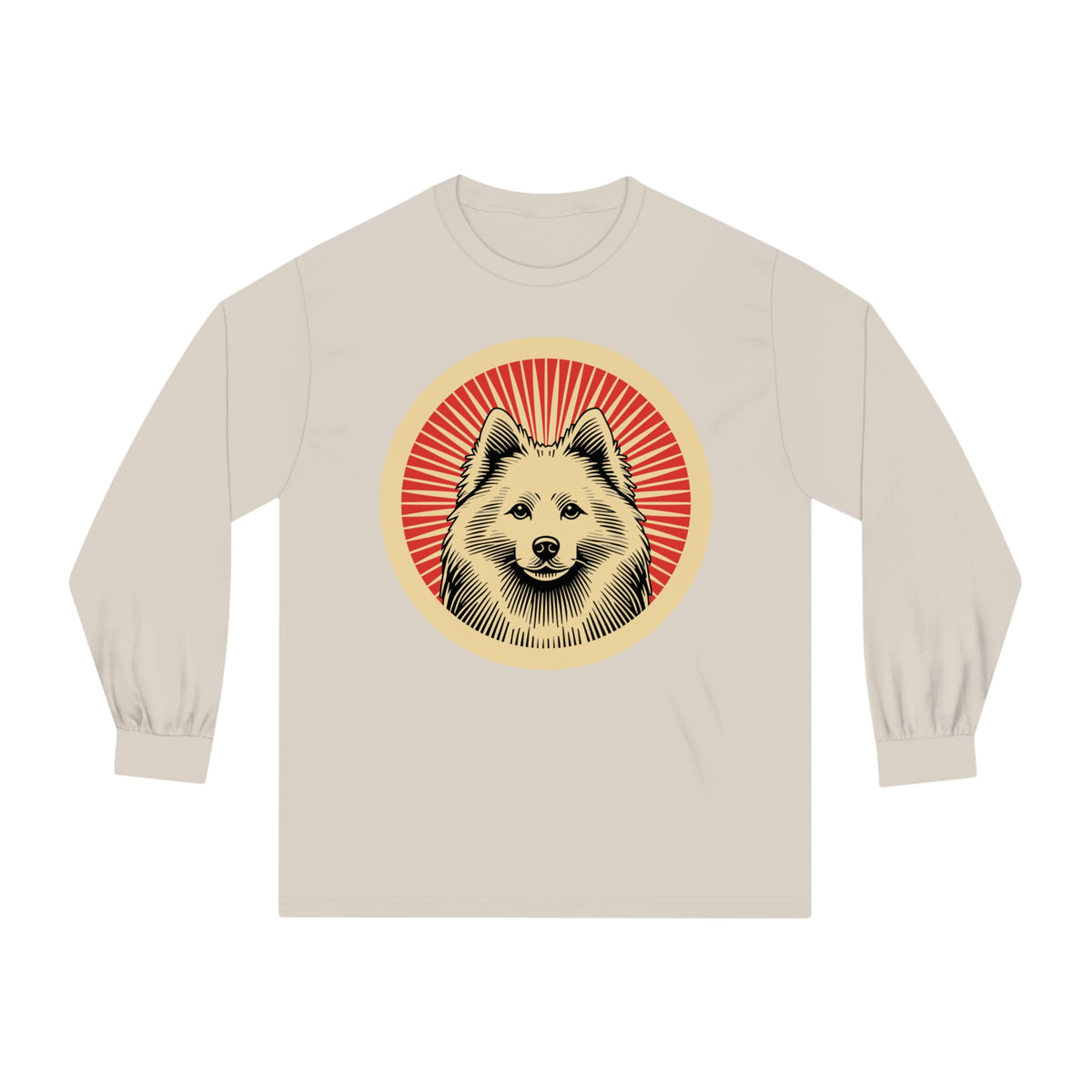 American Eskimo Dog badge art in a ring of red rays on a long-sleeve tee