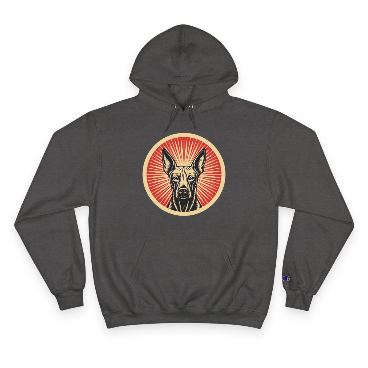 Xoloitzcuintle badge art in a ring of red rays on a champion hoodie