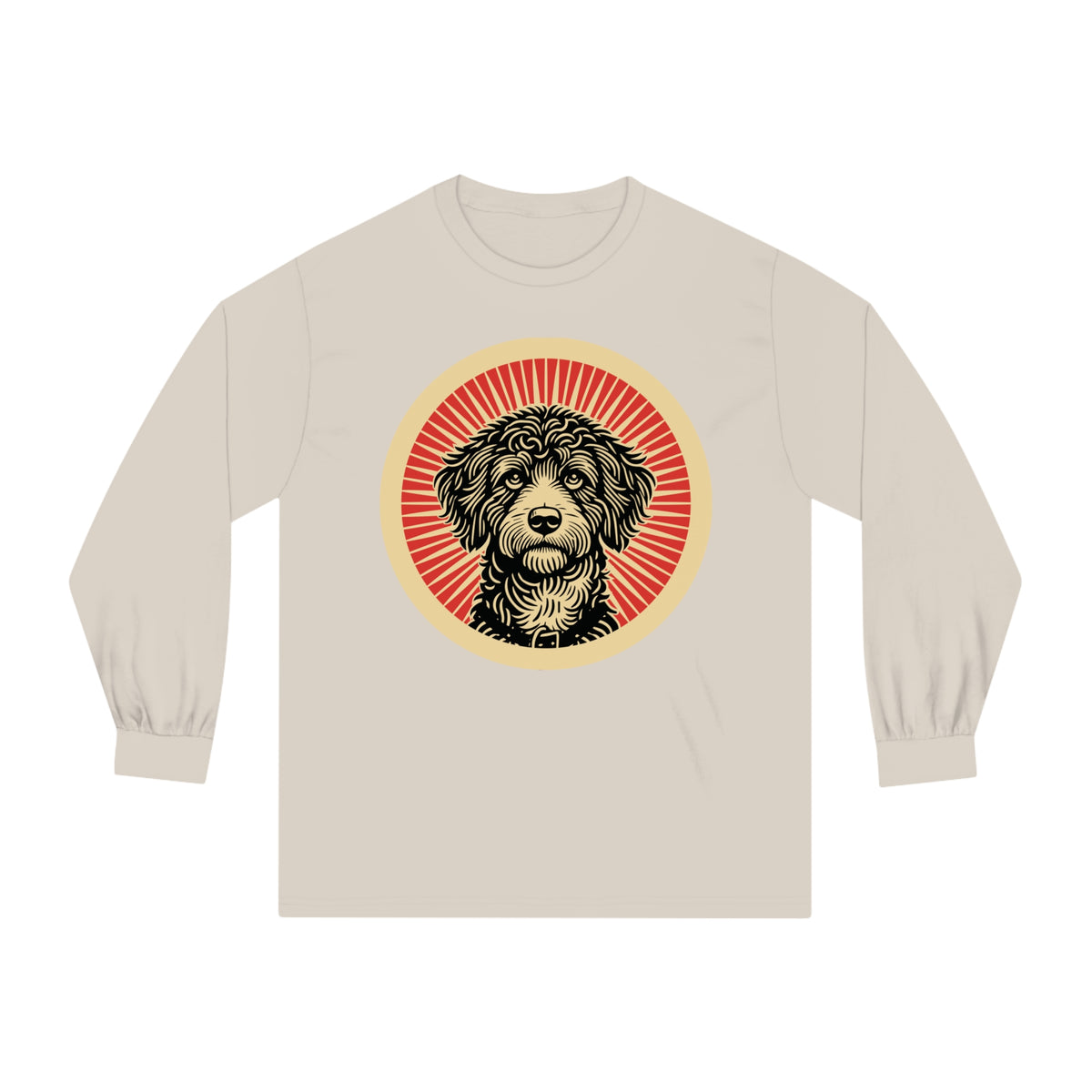 Bordoodle badge art in a ring of red rays on a long-sleeve tee