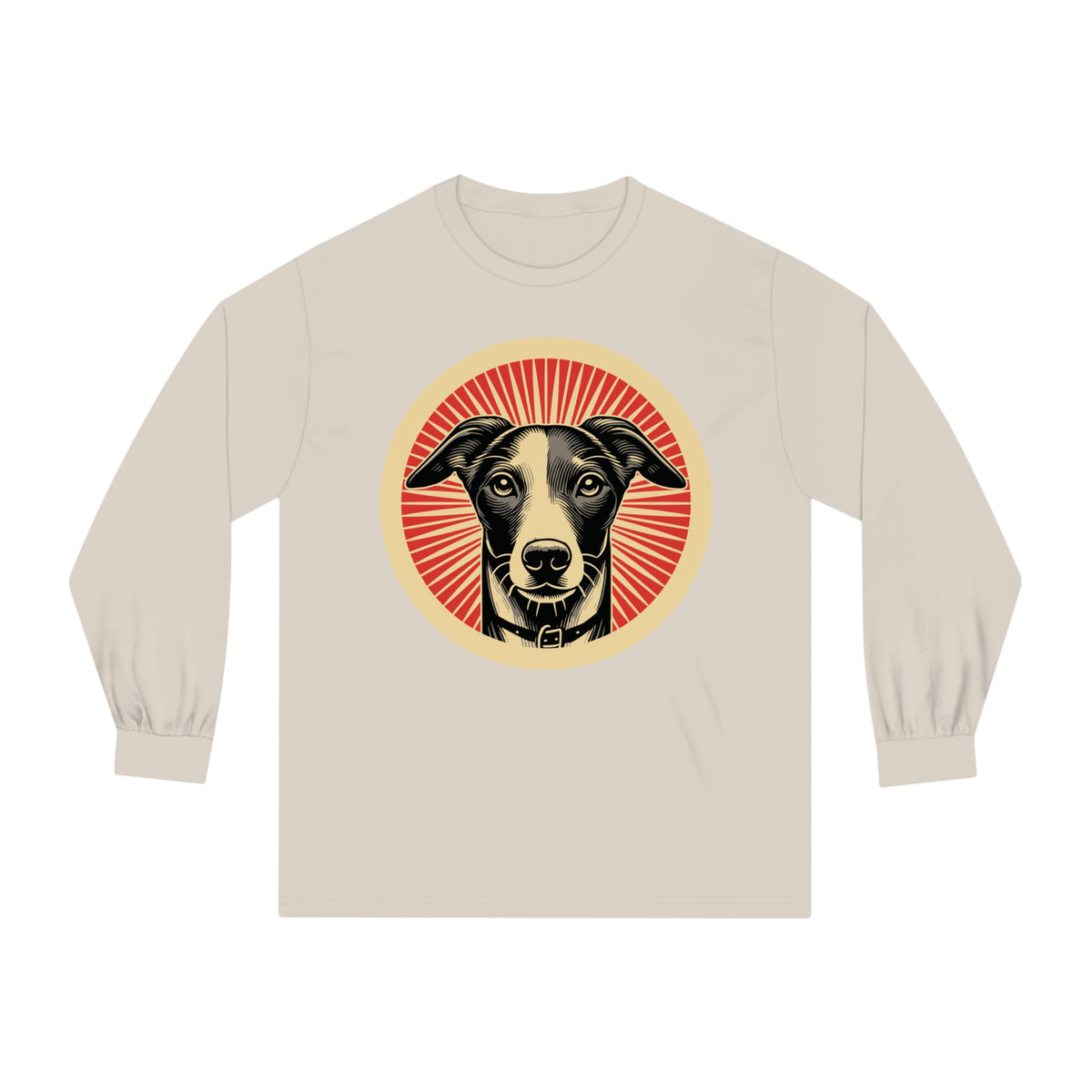 Whippet badge art in a ring of red rays on a long-sleeve tee