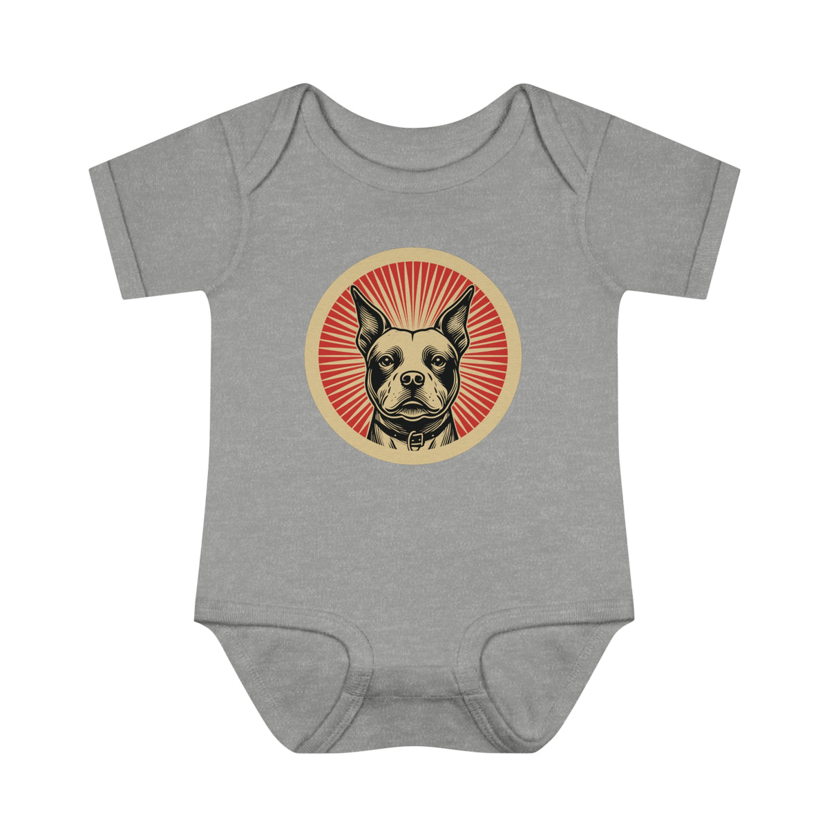 Staffordshire Bull Terrier badge art in a ring of red rays on a baby bodysuit