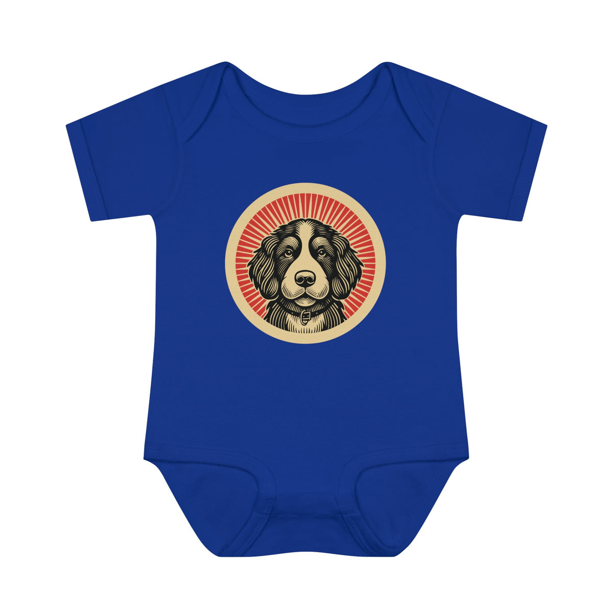 Bernedoodle badge art in a ring of red rays on a baby bodysuit